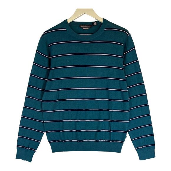 New Michael Kors Men US L Green Sweatshirt Striped Crew Neck Pullover  $128 - Picture 1 of 8